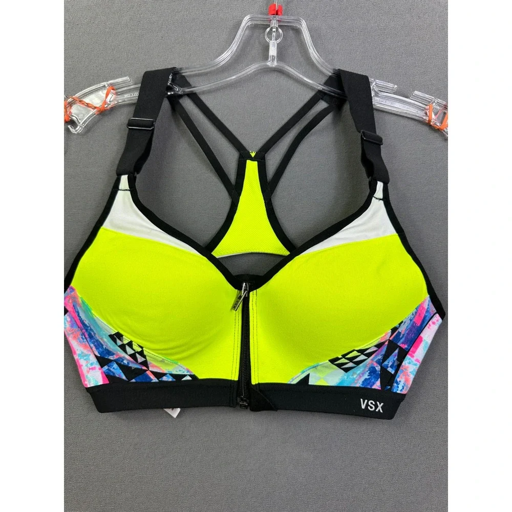 VSX Victoria's Secret‎ Neon Yellow Front Zip Racerback Sports Bra Geometric 34B